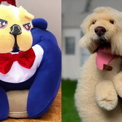 Image similar to a plush Donald Trump being chewed by a dog