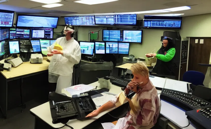 radio station control room worker at desk eating old | Stable Diffusion ...