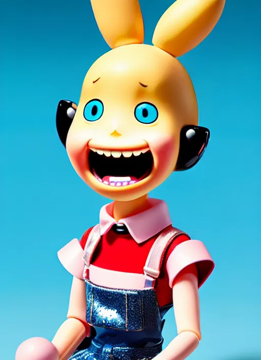 Prompt: a hyperrealistic oil panting of a looney kawaii vocaloid figurine caricature with a big dumb goofy grin, rosy cheeks with freckles, and pretty sparkling anime eyes featured on wallace and gromit by norman rockwell