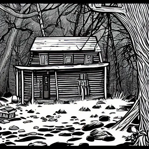 Image similar to a illustration of a Eerie cabin in the middle of the woods in the style of Stan lee comic book