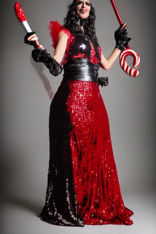 Image similar to Lord Licorice in a red and black sequins gown holding a peppermint sword