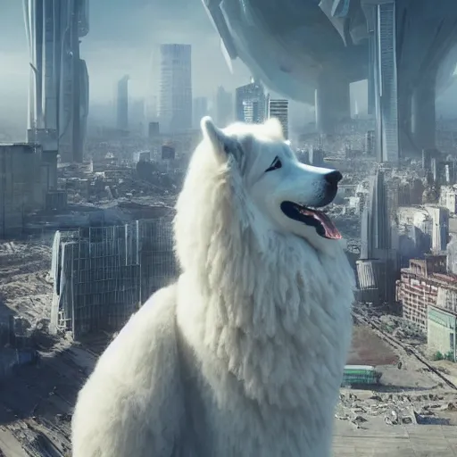 Image similar to a giant samoyed statue in the middle of a futuristic dystopian city, view from the sky, intricate artwork by beeple, beautiful, cinematic lighting, heavy mist, octane render, trending on artstation, greg rutkowski very coherent artwork. cinematic, hyper realism, high detail, octane render, 8k