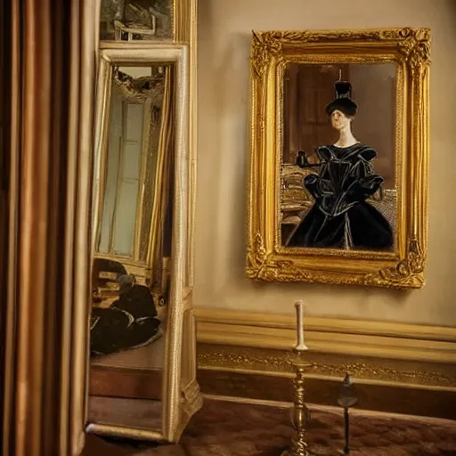 Image similar to a masterpiece painting of a beautiful victorian woman is frightened by her doppleganger in a mirror. she is in a long hallway of mirrors. elegant design, haunting atmosphere, dimly lit, gothic, horror style, realistic, low angle, 3 / 4 view.