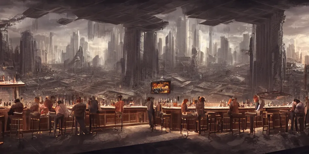 Prompt: an intricate concept art of a few rich people drinking in a bar on top of a building overlooking a towering destroyed megastructure city, sci-fi, cinematic lighting, hyper realistic, art by dylan cole, detailed matte painting, digital art