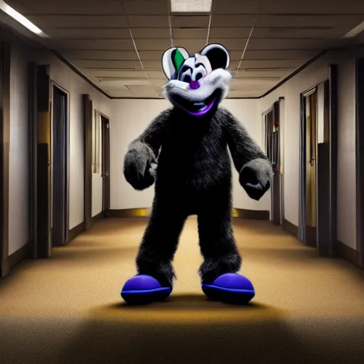 Prompt: movie still of chuck e cheese standing creepily in a empty hallway, dark energy, 4 k, directed by todd philips