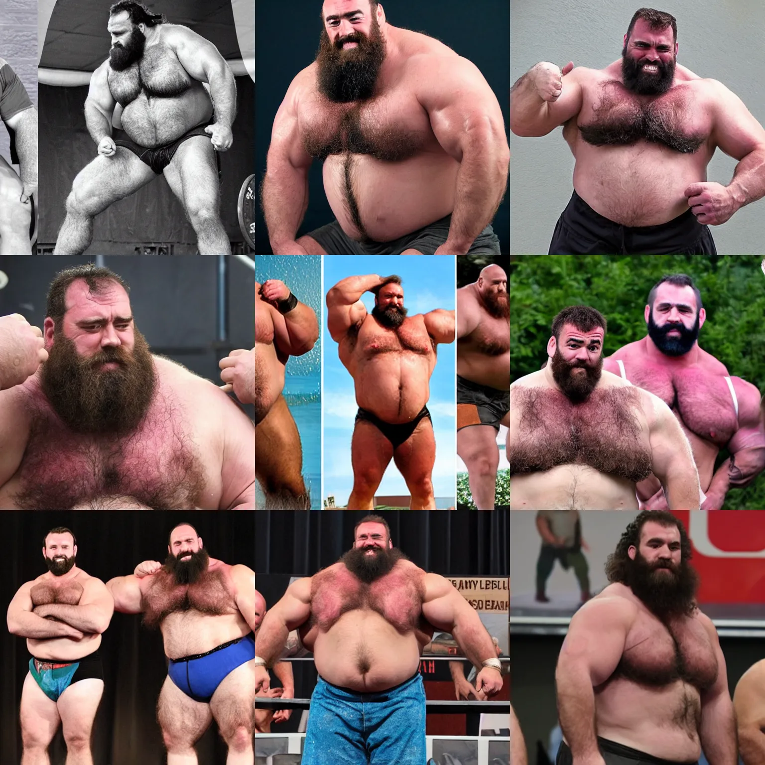 Prompt: big burly hairy manly strongmen touching with their belly