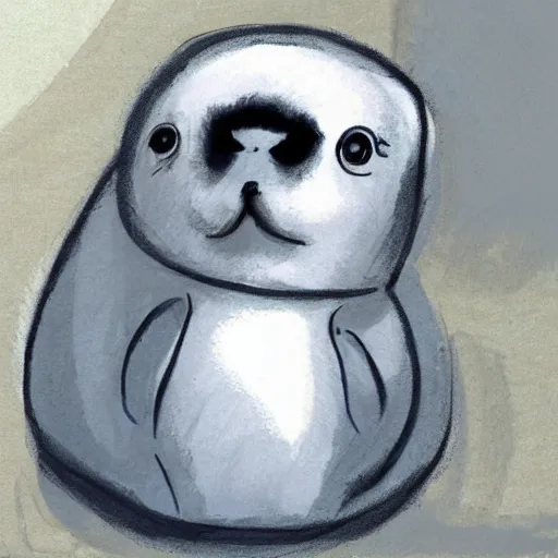 Prompt: a baby harp seal in an orange prisoner jumpsuit at the witness stand, courtroom sketch