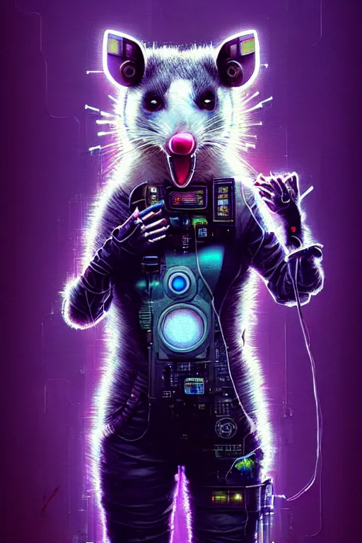 Image similar to a beautiful portrait of a cute cyberpunk opossum screaming by sandra chevrier and greg rutkowski and wlop, purple blue color scheme, high key lighting, volumetric light, digital art, highly detailed, fine detail, intricate, ornate, complex, octane render, unreal engine, photorealistic