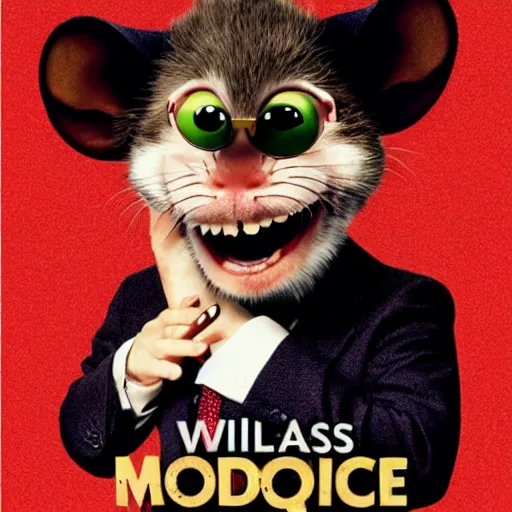 Prompt: movie poster of william dafoe as an anthropomorphic singing rat