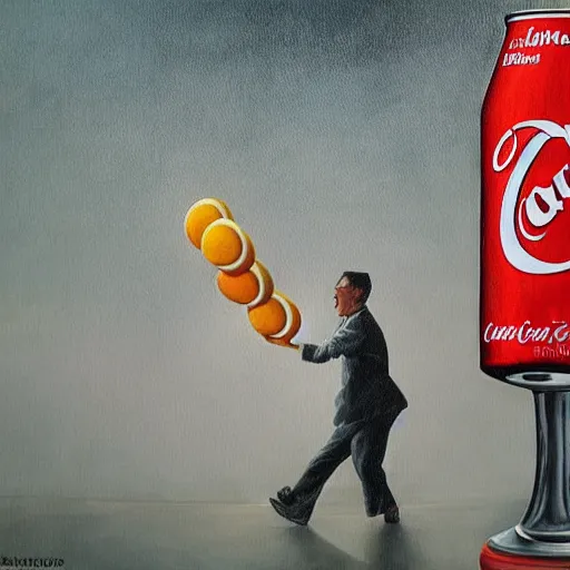 Prompt: a surrealist painting of a mentos man in a rainstorm of coca cola