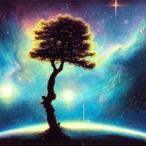 Image similar to a tree floating inside of a nebula, david a. hardy