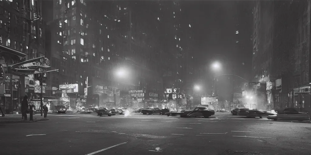 Image similar to a high resolution photo of a new york street at night surrounded with smoke and cars with bright headlights by joel meyerowitz, realistic photo, leica, magnum award winning photograph, 24 mm, f1.4 ,