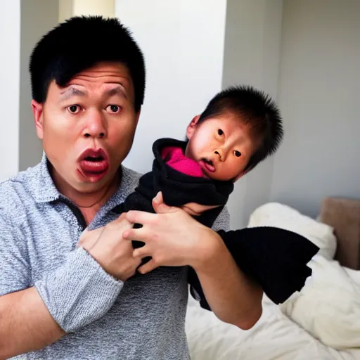 Prompt: a shocked, confused asian man holding his black newborn baby