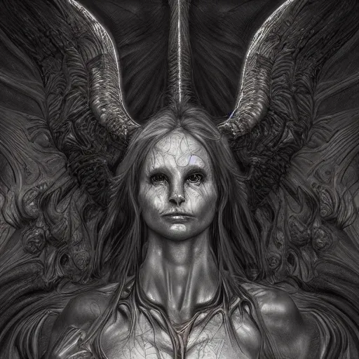 Image similar to photorealistic demon angel in the style of michael whelan and gustave dore. hyperdetailed photorealism, 1 0 8 megapixels, amazing depth, glowing rich colors, powerful imagery, psychedelic overtones, 3 d finalrender, 3 d shading, cinematic lighting, artstation concept art