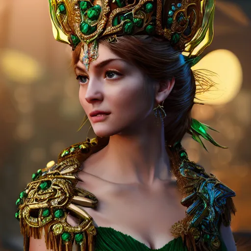 Image similar to photograph of wonderful princess with smooth fair skin, green jewelry, breathtaking, elegant, ornate, intricate, hyper detailed, accent lighting, dramatic light, 4 k octane render