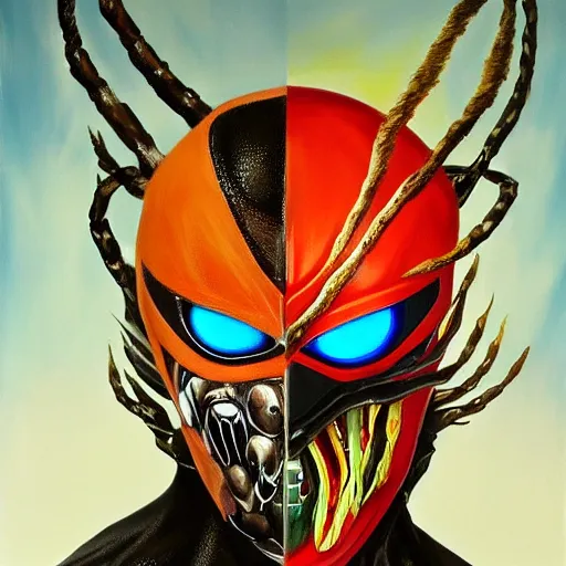 Image similar to a realistic painting by Raffaello Sanzi depicting the Kamen Rider Ichigo with the head of the symbiotic Venom in the Renaissance,smooth,Sharp focus, trending on Artstation.