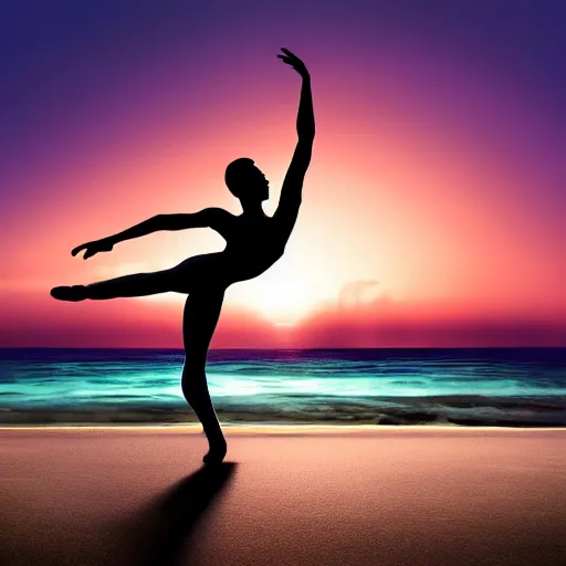 Prompt: a silhouette of a beautiful ballet dancer on a beach at sunrise, cinematic angle, studio Ghibli, volumetric lighting, breathtaking, beautiful composition, intricate, elegant, digital art, detailed, oil painting, hyperrealistic, sharp focus, 8k