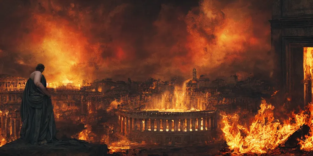 Image similar to Painting of Emperor Nero watching the great fire of rome, abstract, realism, 8k, detailed, terror, octane render, 3d render, complex emotion, glow