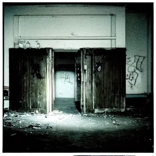 Prompt: 1 9 9 3, disposable camera, flash, old abandoned building, creepy scary monster, style of trevor henderson
