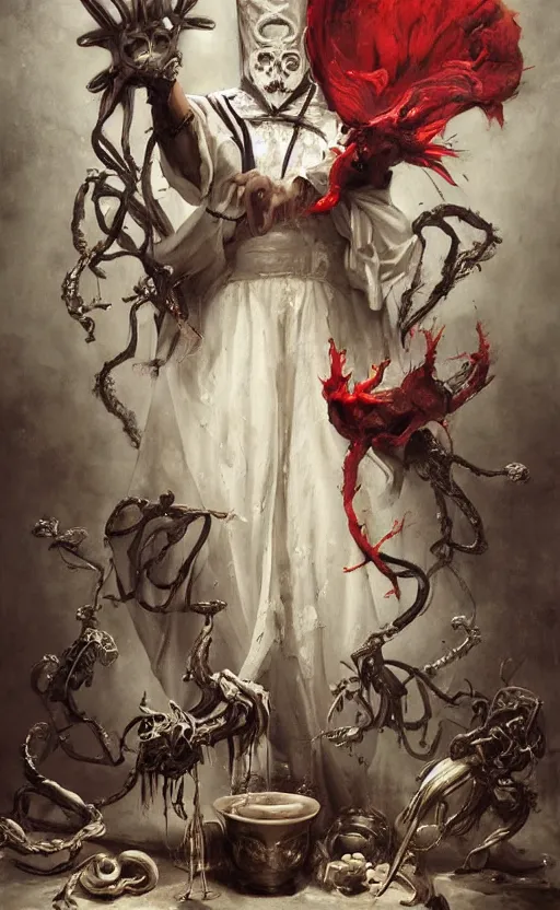 Image similar to a painting of a white robed magician behind a table, hands gesture as above so below, red mantle cup, sword, pentacle, wand, a surrealist painting by marco mazzoni, peter mohrbacher, nychos, cgsociety, neo - figurative, detailed painting, rococo, oil on canvas, seapunk, biomorphic, lovecraftian