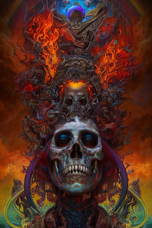 Image similar to gigantic psychedelic demonic cosmic skull of death and fire, fantasy painting, ultra realistic, wide angle, art nouveau, intricate details, digital painting, rainbowshift, vivid colors, highly detailed by peter mohrbacher, h. r. giger, maxfield parrish, craig mullins, octane render, cgi