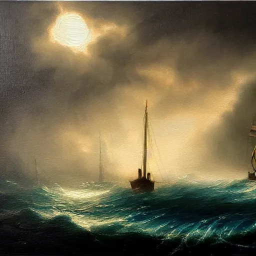 Prompt: ship arriving too late to save a drowning witch. Immaculate oil painting, award winning oil painting. Gloomy color pallette. Strong presence of light.