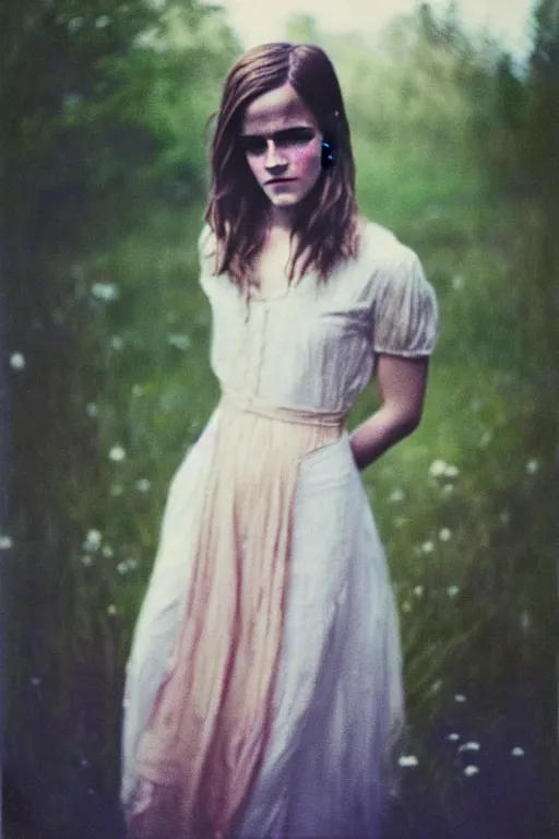 Prompt: color polaroid of Emma Watson by Andrei Tarkovsky, Richard Schmid, Jeremy Lipking full length shot, wearing in a summer dress, very detailed, stunning light, beautiful face, crossed arms