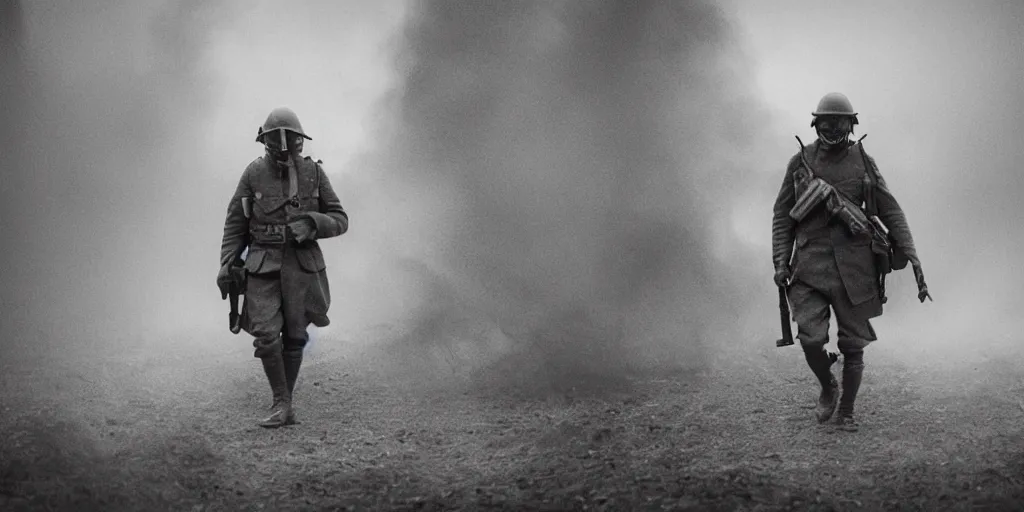 Image similar to wwi soldier wearing a gas mask walking through smoke, centerscreen, 8 5 mm lens, no man's land, muddy, cinematic, atmospheric, shot on arri alexa