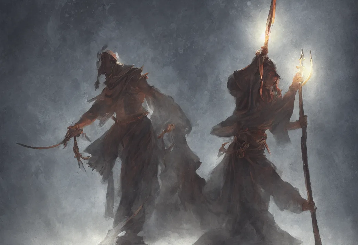 Prompt: a god of death with a sickle and a cloak stood stand under a beam of bight light by hiroshi yoshida and greg rutkowskicuilang plain, 4 k, detail, light effect, artstation