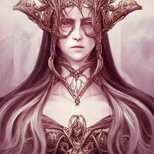 Prompt: portrait of a ranni from elden ring, baroque style, elegant, beautiful, mesmerizing, concept art, fancy clothing, highly detailed, artstation, behance, deviantart, inspired by innocent manga, inspired by castlevania concept art, trending, ayami kojima, shinichi sakamoto