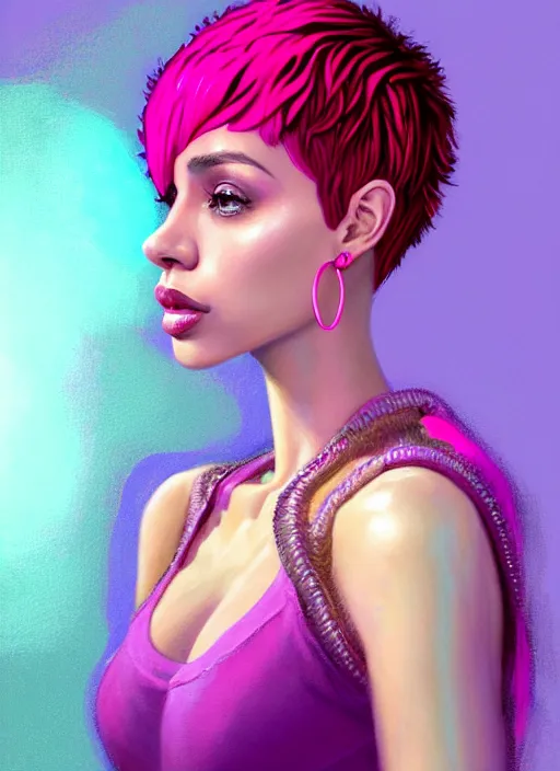 Image similar to portrait of vanessa morgan with bright pink hair, curly pixie cut hair, wearing a purple breton cap, breton cap, hoop earrings, intricate, elegant, glowing lights, highly detailed, digital painting, artstation, concept art, smooth, sharp focus, illustration, art by wlop, mars ravelo and greg rutkowski