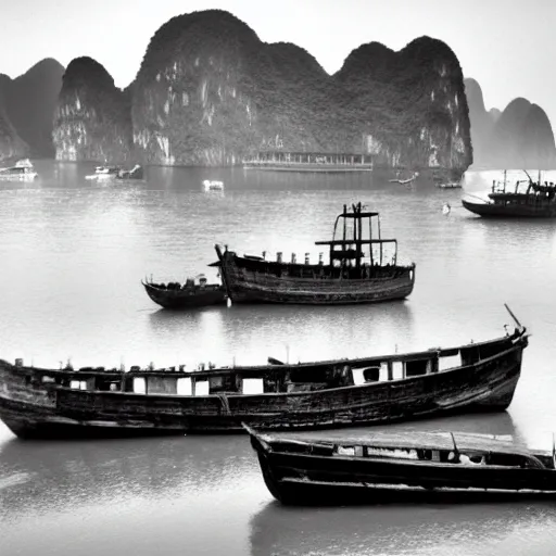 Image similar to old black and white photo of the Junk boats of Halong bay, ancient artifact, foggy, surreal, photorealistic