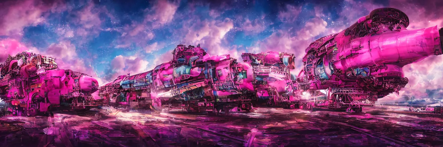 Prompt: big train in space, pink pirate dog, dog, run, pirate neon ship with punks on board, mohawks, neon, oil painting, rich deep colors masterpiece, ultra detailed, contrast, heaven pink, lots of roman arches, clouds, sky, volumetric light, atmospheric lighting, dramatic, cinematic, moody, octane render 4 k, 8 k