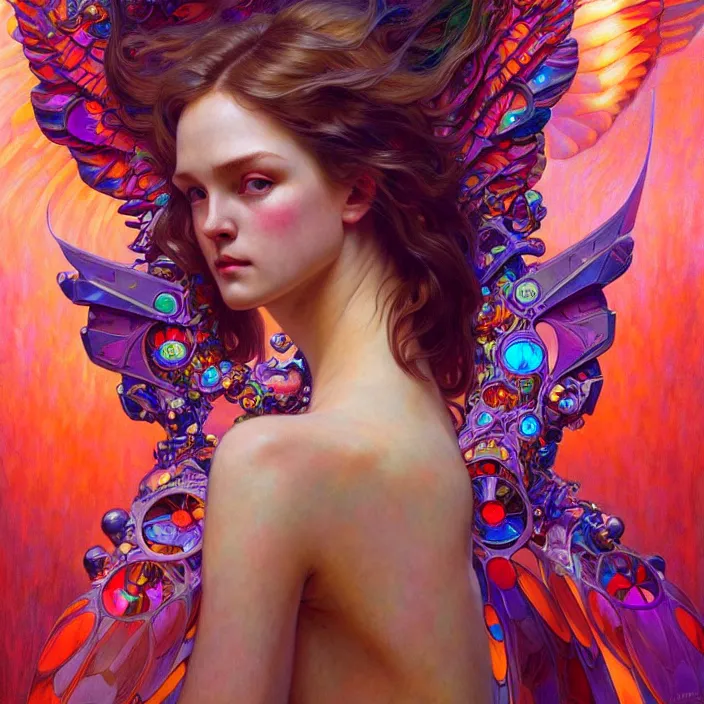 Image similar to bright psychedelic portrait of organic cyborg holding wings, diffuse lighting, fantasy, intricate, elegant, highly detailed, lifelike, photorealistic, digital painting, artstation, illustration, concept art, smooth, sharp focus, art by John Collier and Albert Aublet and Krenz Cushart and Artem Demura and Alphonse Mucha