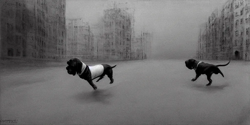 Prompt: basset hound in full speed in a empty street, mad max, kieth thomsen, zdzislaw beksinski