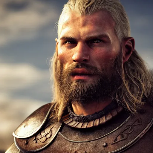 Prompt: a hyperrealistic render of a 9 th century viking, extremely pronounced masculine features, leather armor with nordic religious decorations, low dutch angle, face in focus, natural lighting, realism, nordic facial structure, muscular, unreal engine 5, octane