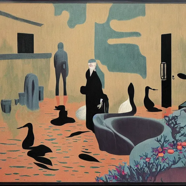 Image similar to tall female emo artists in their flooded apartment, painting of flood waters inside an artist's home, a river flooding indoors, pomegranates, pigs, ikebana, zen, water, octopus, river, rapids, waterfall, black swans, canoe, berries, acrylic on canvas, surrealist, by magritte and monet