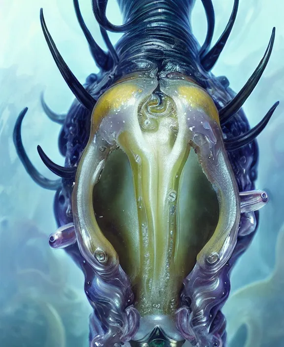 Image similar to intricate transparent portrait of a terrifying beautiful alien cuttlefish, horns, mottled coloring, adorable, childlike, anxiety environment, ultra realistic, concept art, art nouveau, photorealistic, octane render, 8 k, unreal engine. art by christopher marley and artgerm and greg rutkowski and alphonse mucha