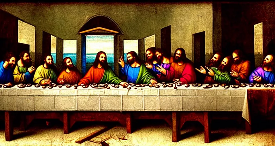Prompt: The last supper, but Jesus is the DJ (disc jesus), painting by Leonardo da Vinci