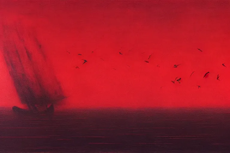 Image similar to only with red, a red dystopic knight, venice, flock of birds in the red sky, in the style of beksinski, parts by edward hopper, parts by rodcenko, parts by yue minjun, intricate and epic composition, red by caravaggio, insanely quality, highly detailed, masterpiece, red light, artstation, 4 k