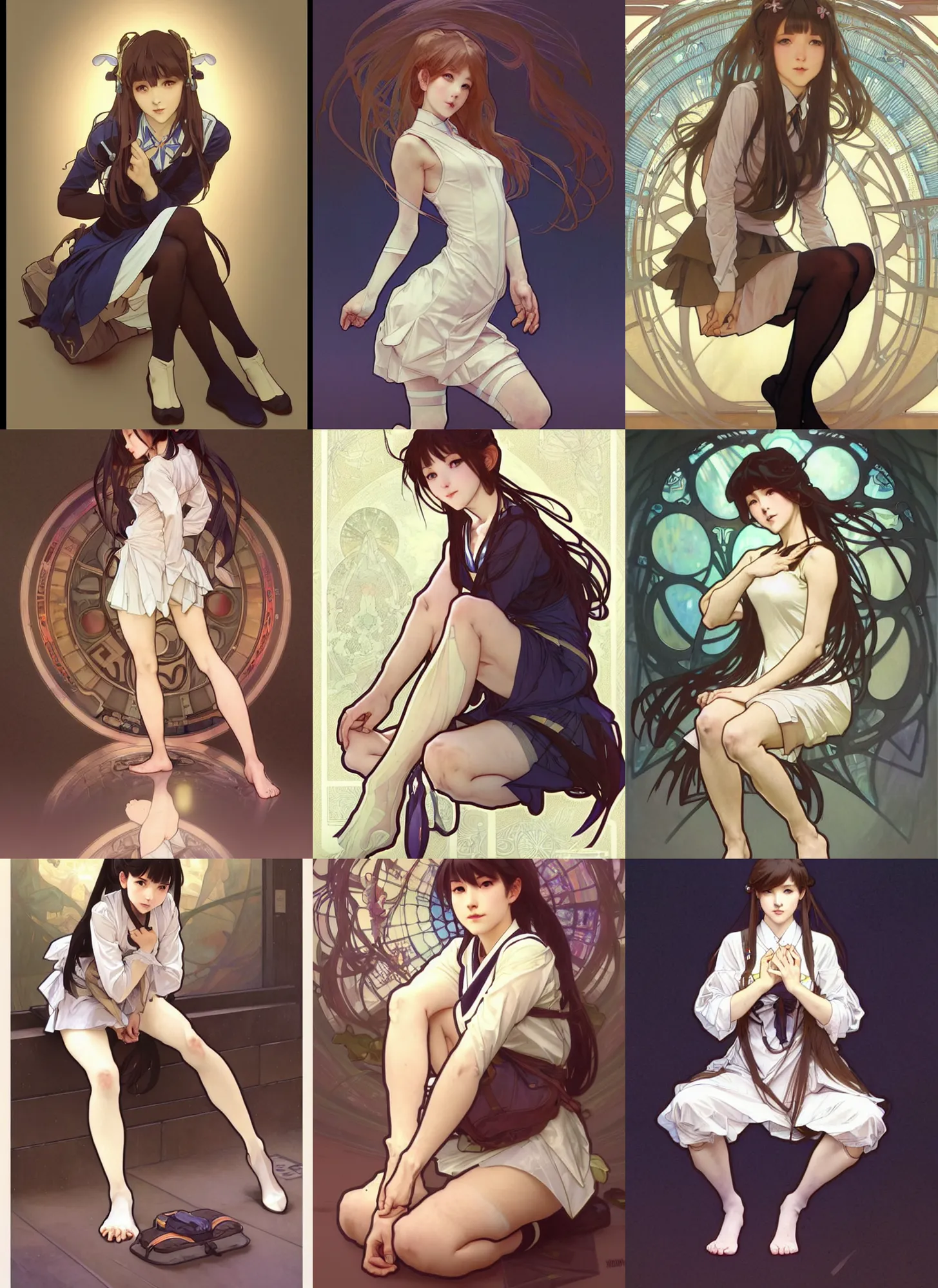 Image similar to a digital concept art by artgerm and greg rutkowski and alphonse mucha. full body!! clear portrait of a squatting attractive japanese school girl in uniform!! sit on floor!! knee length stockings ， school bag, light effect. hyper detailed, character concept, glowing lights!! intricate, elegant, digital painting, artstation, smooth, sharp focus