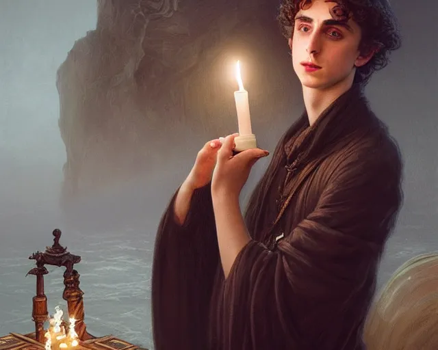 Prompt: a mind - blowing portrait of fortune seeker timothee chalamet, holding a candle holder, wearing dark maritime clothing, long night cap, deep focus, d & d, fantasy, intricate, elegant, highly detailed, digital painting, artstation, concept art, matte, sharp, illustration, hearthstone, art by artgerm and greg rutkowski and alphonse mucha