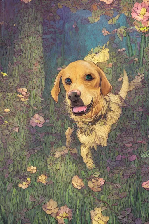 Image similar to a beautiful hyperdetailed illustration of my dog cooper, perfectly shaded, atmospheric lighting, style of studio ghibli, makoto shinkai, raphael lacoste, louis comfort tiffany, artgerm, james jean, victo ngai, ross tran, chinese style