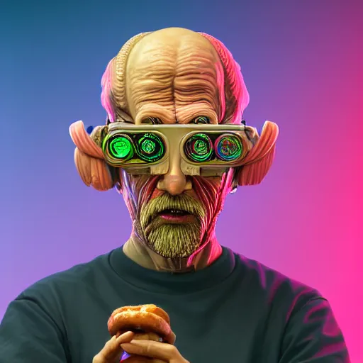 Image similar to Colour Photography of 1000 years old man with highly detailed 1000 years old face wearing higly detailed cyberpunk VR Headset designed by Josan Gonzalez. Man eating higly detailed hot-dog. In style of Josan Gonzalez and Johannes Vermeer and Mike Winkelmann and Caspar David Friedrich. Rendered in Blender