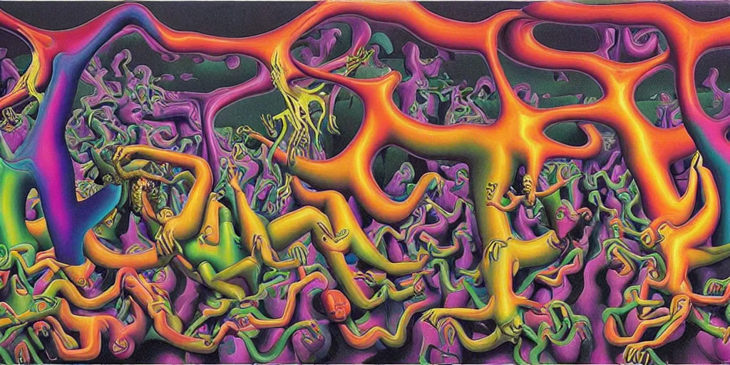 Image similar to basilisk, pain, pleasure, suffering, adventure, alex grey psychedelic dripping color love, abstract oil painting by mc escher tessalation and salvador dali gottfried helnwein