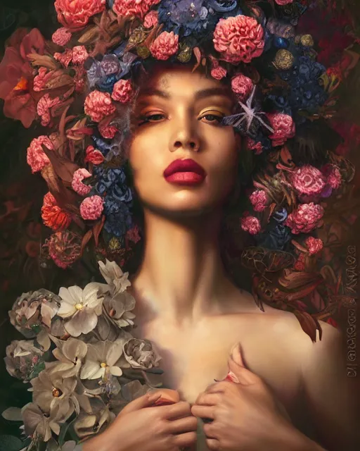 Image similar to portrait of the mulatto queen of the underworld, surrounded by flowers by karol bak, james jean, tom bagshaw, rococo, sharp focus, trending on artstation, cinematic lighting, hyper realism, octane render, 8 k, hyper detailed.