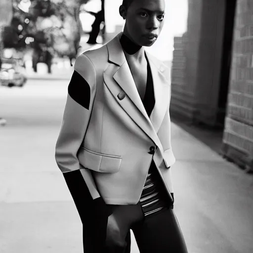 Prompt: realistic photoshooting for a new balenciaga lookbook color film photography portrait of a beautiful woman model wearing a black harness blazer, photo in style of tyler mitchell