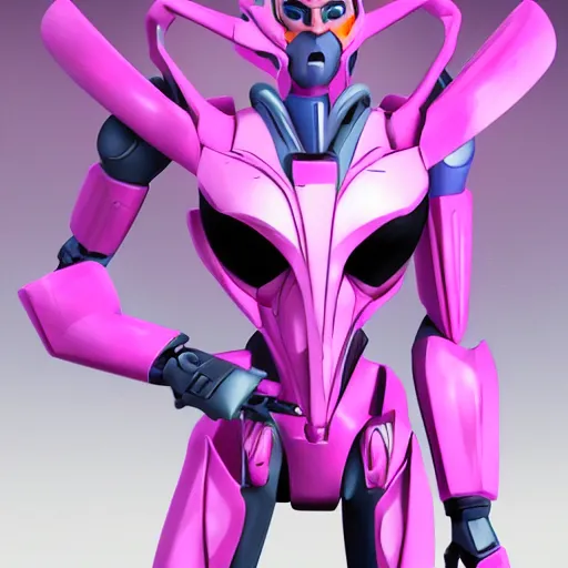 Image similar to Arcee from the transformers cartoon on Cybertron, pink, artstation, high detail, action