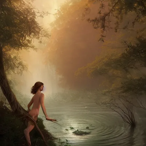 Prompt: forest nymph rising from the water. view from behind, wide angle view, back view. nuri iyem, james gurney, james jean, greg rutkowski, anato finnstark, emma watson, taylor swift. trending on artstation, starlight, and enchanted dreams