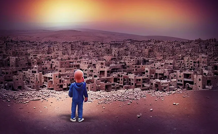 Prompt: “little boy figure lost, epic view of Hummus in Syria in destruction, evening time clear sky, sad atmosphere, ruins, heartbreaking landscape, hyperdetailed, hyperrealism, trending on artstation, award winning photograph, photorealistic, 8k, concept art, cinematographic, uhd, epic lighting”